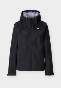 Veste imperméable noire à capuche avec fermeture éclair intégrale à l'avant, poignets ajustables et logo Under Armour sur la poitrine.