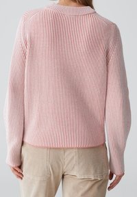 Pull rayé rose à manches longues, texture côtelée et col rond ; l'ourlet est légèrement raccourci avec une coupe douce et décontractée.