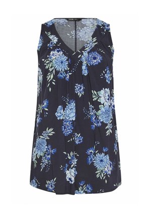 Blouse sans manches bleu marine avec col en V, ornée d'un motif floral bleu et blanc et d'un détail plissé à l'avant.