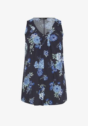 Blouse sans manches bleu marine avec col en V, ornée d'un motif floral bleu et blanc et d'un détail plissé à l'avant.