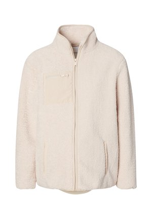 Fleecejacke in Hellbeige mit hohem Kragen, Frontreißverschluss und aufgesetzter Tasche. Verfügt über seitliche Taschen und eine weiche, strukturierte Oberfläche.