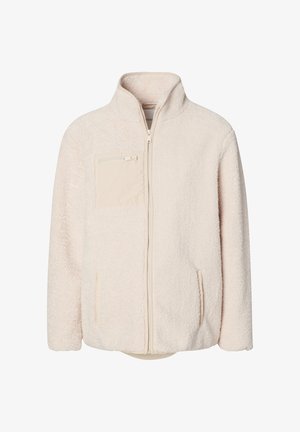 Polarowa kurtka w jasnym beżu z wysokim kołnierzem, zamkiem błyskawicznym z przodu i kieszenią naszywaną. Posiada boczne kieszenie oraz miękką, teksturowaną powierzchnię.