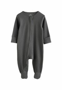 Jumpsuit grigio a costine per neonati con maniche lunghe, chiusura a zip e design con piedi. Realizzato in materiale morbido, con scollatura rotonda.