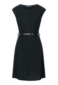 Schwarzes Kleid mit kurzen Raglanärmeln, tailliertem Schnitt und einem dünnen schwarzen Gürtel mit einer goldenen Schnalle. Hergestellt aus weichem Stoff mit glatter Textur.