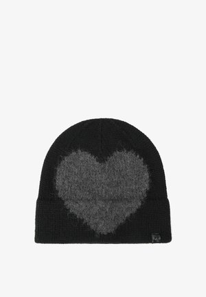 Zwarte gebreide beanie met een groot grijs hartpatroon aan de voorkant. Zachte textuur, eenvoudig ontwerp en smalle omslag aan de basis.