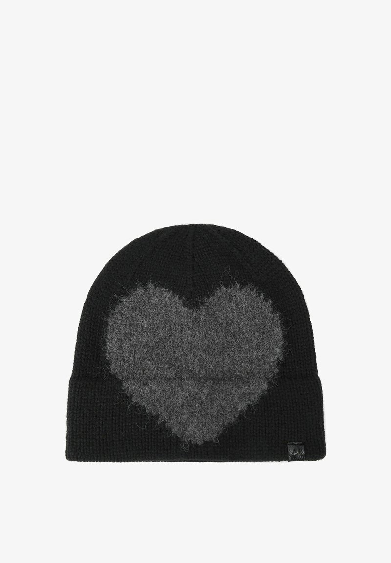 Berretto di maglia nero con un grande motivo a cuore grigio sul davanti. Texture morbida, design semplice e risvolto stretto alla base.