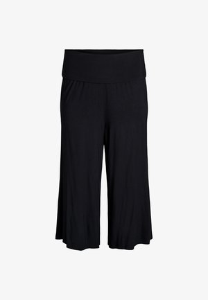 Mustat leveälahkeiset lyhyet housut, joissa on taitettava kuminauhavyötärö, valmistettu pehmeästä, laskeutuvasta kankaasta.