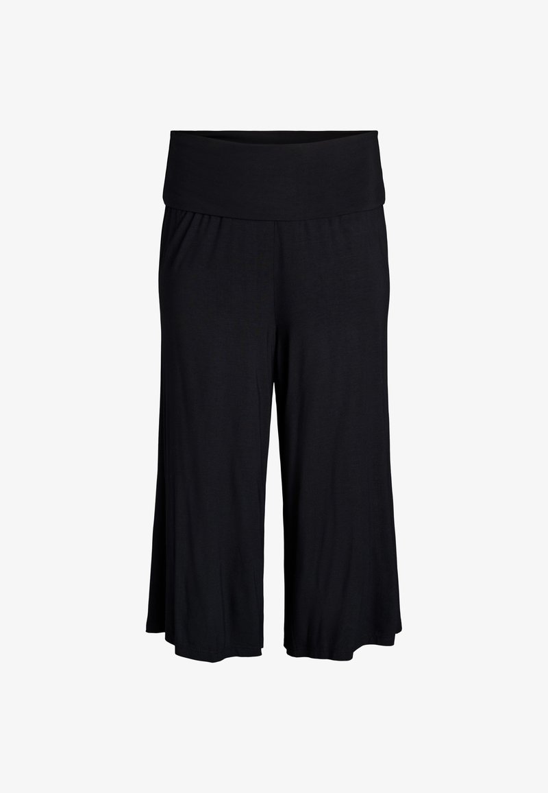 Schwarze, weit geschnittene, kurz geschnittene Hosen mit einem umgeschlagenen elastischen Bund, gefertigt aus weichem, fließendem Stoff.