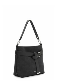 Sac bandoulière noir avec sangle réglable, détail de boucle avant et petit logo de marque argenté près du coin inférieur.