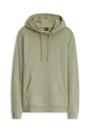 Sweat à capuche vert clair avec poche avant et cordons, petit logo carré sur la poitrine, manches longues, poignets et ourlet côtelés.