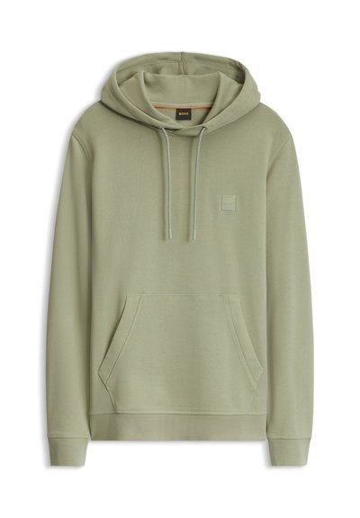 Sweat à capuche vert clair avec poche avant et cordons, petit logo carré sur la poitrine, manches longues, poignets et ourlet côtelés.
