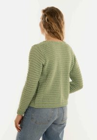 Groene gebreide trui met een textuurpatroon, ronde halslijn en lange mouwen, gecombineerd met blauwe hooggewende jeans.