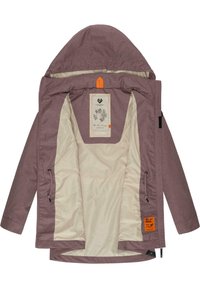 Maroon ytterjacka med huva, med en krämfärgad foder, dragkedja fram och en orange etikett inuti. Har ett strukturerat mönster.