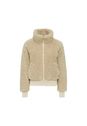 Beige Fleecejacke mit hohem Kragen, Reißverschluss vorne und gerippten Bündchen. Weicher Stoff mit einer verkürzten Silhouette, geeignet für die Freizeit.