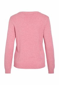 Pink knitted sweater, featuring a round neckline, long sleeves, and ribbed hem, smooth texture, and a solid color without patterns.