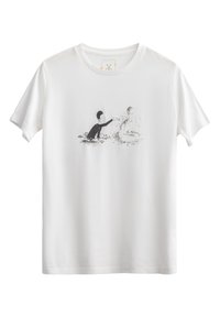 Witte katoenen t-shirt met een zwarte illustratie van een persoon die water spettert. Korte mouwen, ronde hals, zachte textuur.
