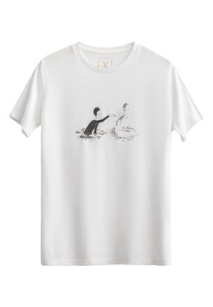 T-shirt en coton blanc avec une illustration noire d'une personne éclaboussant de l'eau. Manches courtes, col rond, texture douce.