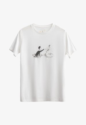 Witte katoenen t-shirt met een zwarte illustratie van een persoon die water spettert. Korte mouwen, ronde hals, zachte textuur.