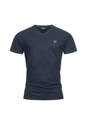 Mørkeblå bomulds T-shirt med V-hals, korte ærmer, med et lille hvidt trykt logo på brystet. Glat tekstur, afslappet design.