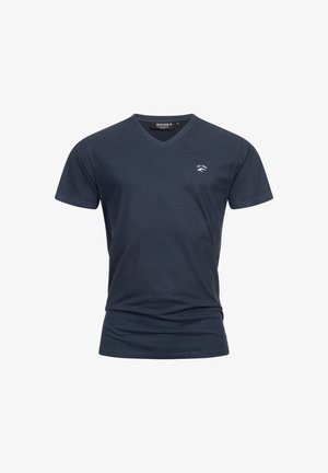 Navyblauwe katoenen t-shirt met een v-hals, korte mouwen, voorzien van een klein wit gedrukt logo op de borst. Soepele textuur, casual ontwerp.