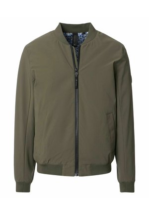Olive green bomber jacket made of smooth fabric, featuring a front zipper, ribbed cuffs, and a patterned interior lining.