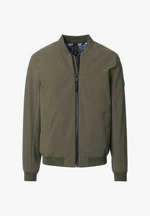 Olivgrüne Bomberjacke aus glattem Material, mit einem Frontreißverschluss, gerippten Bündchen und einem gemusterten Innenfutter.