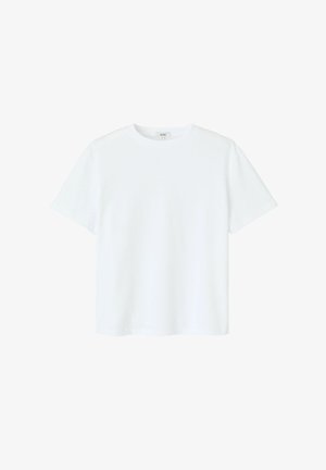 T-shirt blanc uni à manches courtes et col rond, ourlet droit, présenté à plat sur fond blanc.