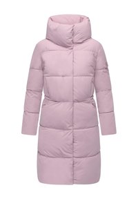 Light pink puffer coat with a high collar, long sleeves, and horizontal quilted design. Features side pockets and a fitted silhouette.
