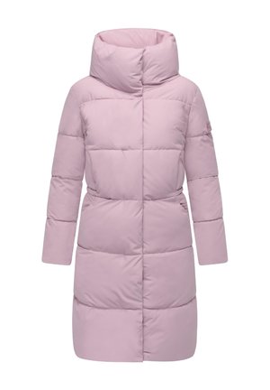 Light pink puffer coat with a high collar, long sleeves, and horizontal quilted design. Features side pockets and a fitted silhouette.