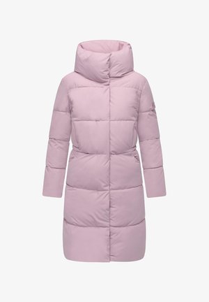 Light pink puffer coat with a high collar, long sleeves, and horizontal quilted design. Features side pockets and a fitted silhouette.