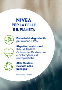 Informazioni sui prodotti NIVEA con dichiarazioni ecologiche. Caratteristiche principali: formula biodegradabile, senza filtri UV, bottiglia realizzata al 50% in plastica riciclata.