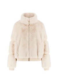 Kremowa kurtka ze sztucznego futra z wysokim kołnierzem, skróconym krojem i ściągaczami na rękawach. Gładka faktura z zamkiem błyskawicznym z przodu.