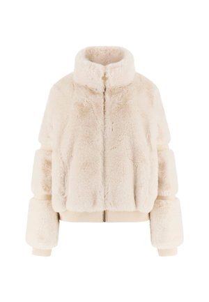 Giacca in pelliccia sintetica color crema con collo alto, design corto e polsini elasticizzati. Texture liscia con chiusura frontale a zip.