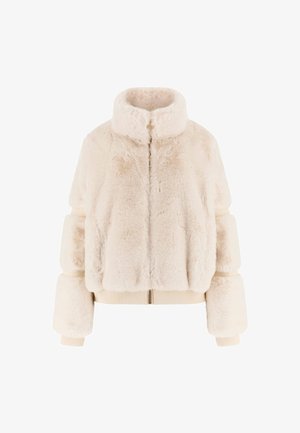 Giacca in pelliccia sintetica color crema con collo alto, design corto e polsini elasticizzati. Texture liscia con chiusura frontale a zip.