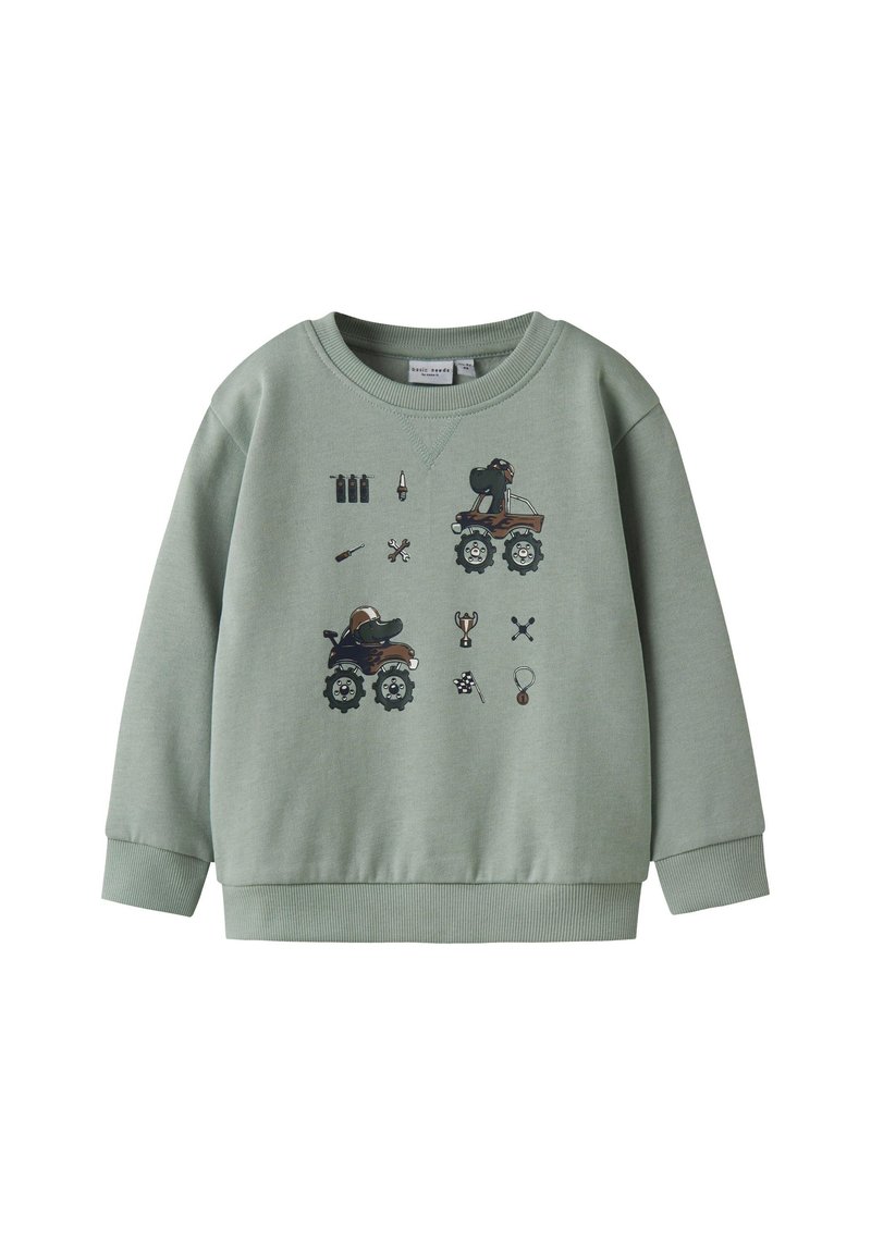 Helles grünes Sweatshirt aus Baumwolle mit gerippten Bündchen. Mit Cartoon-Grafiken eines Hundes mit einem Spielzeugauto und verschiedenen Werkzeugen.