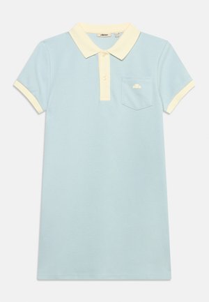 Jasnoniebieska sukienka polo z krótkimi rękawami, kremowym kołnierzem, patką z guzikami, mankietami na rękawach oraz kieszenią na piersi z małym logo.