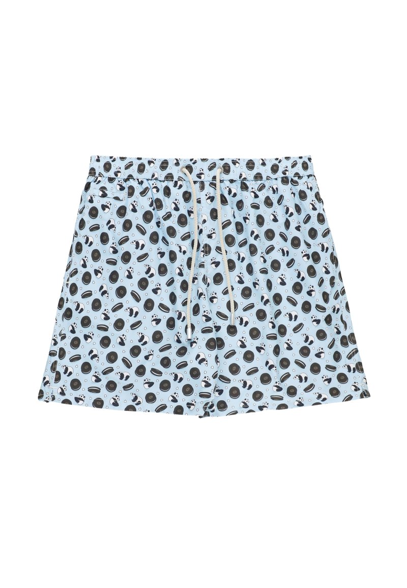 Shorts de bain bleu clair avec un motif ludique de disques noirs et d'illustrations de pandas, dotés d'une taille élastique et d'un cordon de serrage.