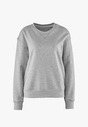 Sweatshirt gris avec un col en V, coupe décontractée, poignets et ourlet côtelés, et tissu légèrement texturé. Pas de motifs ou d'accents visibles.