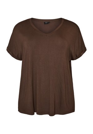 Zizzi, BASIC T-SHIRT AUS VISKOSE MIT V-AUSSCHNITT - Základné tričko - braun