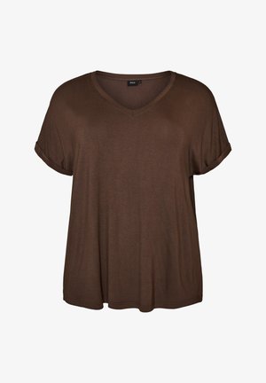 Zizzi, BASIC T-SHIRT AUS VISKOSE MIT V-AUSSCHNITT - Βασικό μπλουζάκι - braun