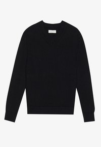 Schwarzer gestrickter Pullover mit V-Ausschnitt, geripptem Muster, langen Ärmeln und tailliertem Saum. Verfügt über ein Etikett im Nackenbereich.