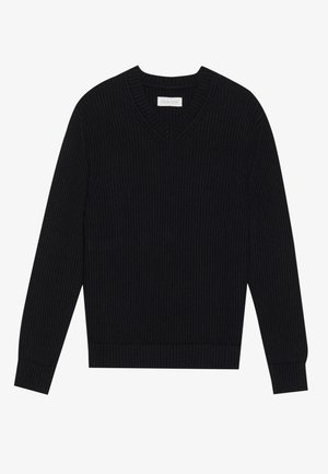 Maglione nero lavorato a maglia con scollo a V, texture a costine, maniche lunghe e orlo aderente. Presenta un'etichetta all'interno dell'area del collo.