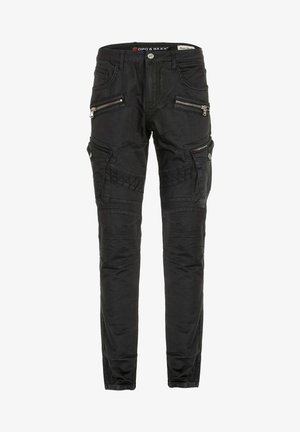 Zwarte denim broek met een slim fit, met meerdere ritszakken, textuuraccenten bij de knieën en een klein logootje aan de zijkant.