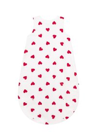 Αμάνικο παιδικό υπνόσακο σε λευκό με κόκκινα σχέδια καρδιάς, με στρογγυλεμένο σχήμα και κλείσιμο με κουμπιά στο κάτω μέρος για εύκολη πρόσβαση.