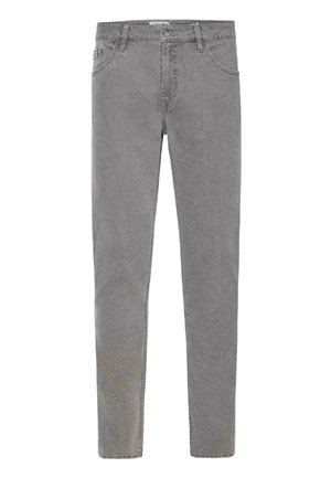 Jeans in denim grigio con vestibilità slim, cinque tasche, passanti per cintura e chiusura a bottone singolo. La texture è leggermente usurata per un look casual.