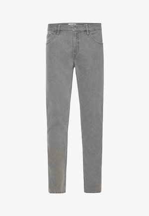 Jeans en denim gris à coupe slim, avec cinq poches, passants de ceinture et fermeture à un bouton. La texture est légèrement usée pour un look décontracté.