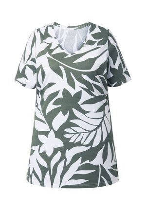 Hvid kortærmet T-shirt med V-hals og stort mønster af olivengrønne tropiske blade og blomster.