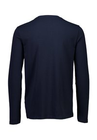 Laivastonsininen pitkähihainen t-paita, joka on valmistettu pehmeästä puuvillakankaasta, pyöreällä kaula-aukolla ja sileällä pinnalla, esitetty takaa ilman grafiikkaa.