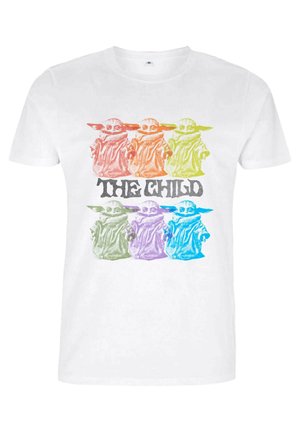 Weißes T-Shirt mit Grafik von "The Child" in sechs Farben: Orange, Gelb, Grün, Blau, Lila und Pink auf weißem Hintergrund.