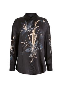 Chemise noire à manches longues avec un grand motif floral bleu et beige sur le devant et les manches, dotée d'un col classique et de poignets.